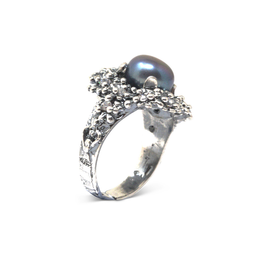 Alternative view of Anello Primule D'Argento AnPrm05-Perla Nera