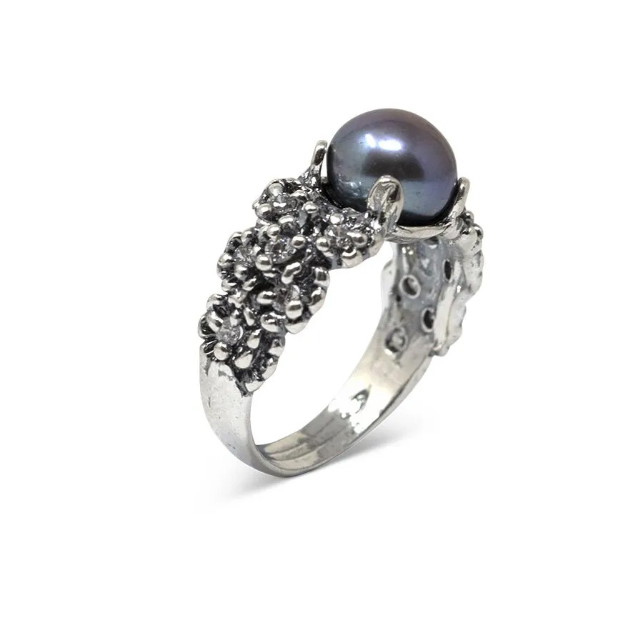 Alternative view of Anello Primule D'Argento AnPrm07-Perla Nera