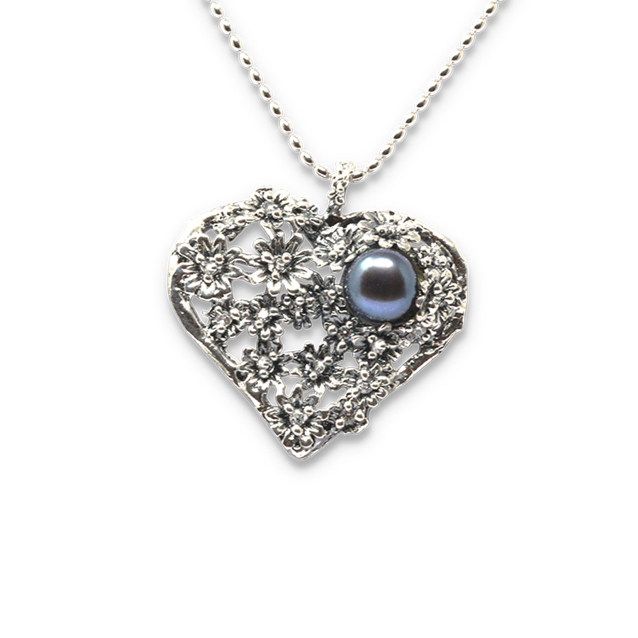 Collana Primule D'Argento PrmCuoreA-Perla Nera